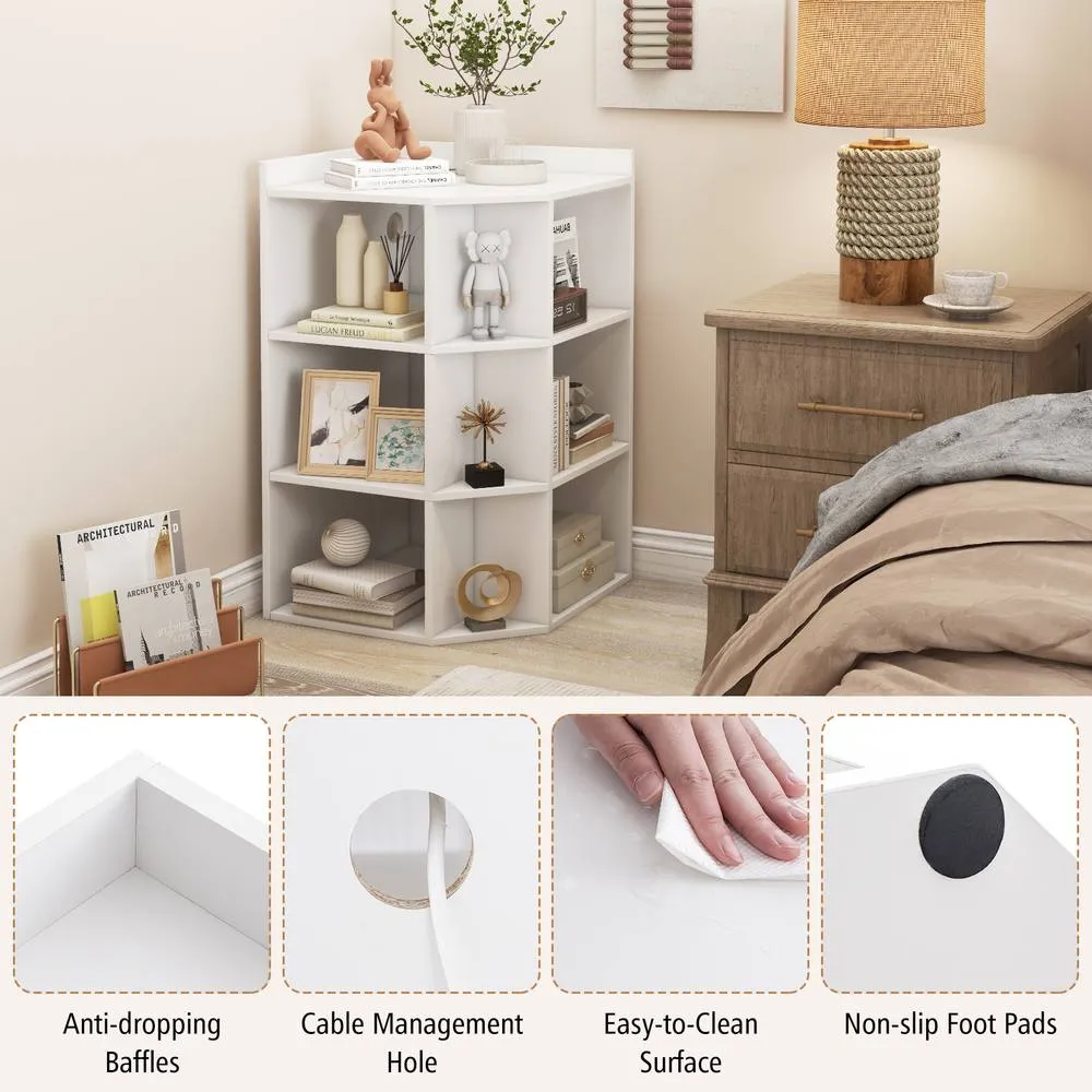 Costway 4-Tier Wooden Corner Bookcase 9 Cubbies Bookshelf w/ Charging Station in White 6