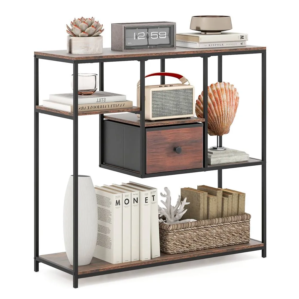Costway 100CM Console Table Entryway Table with Drawer & 4-Tier Display Shelf in Brown 3