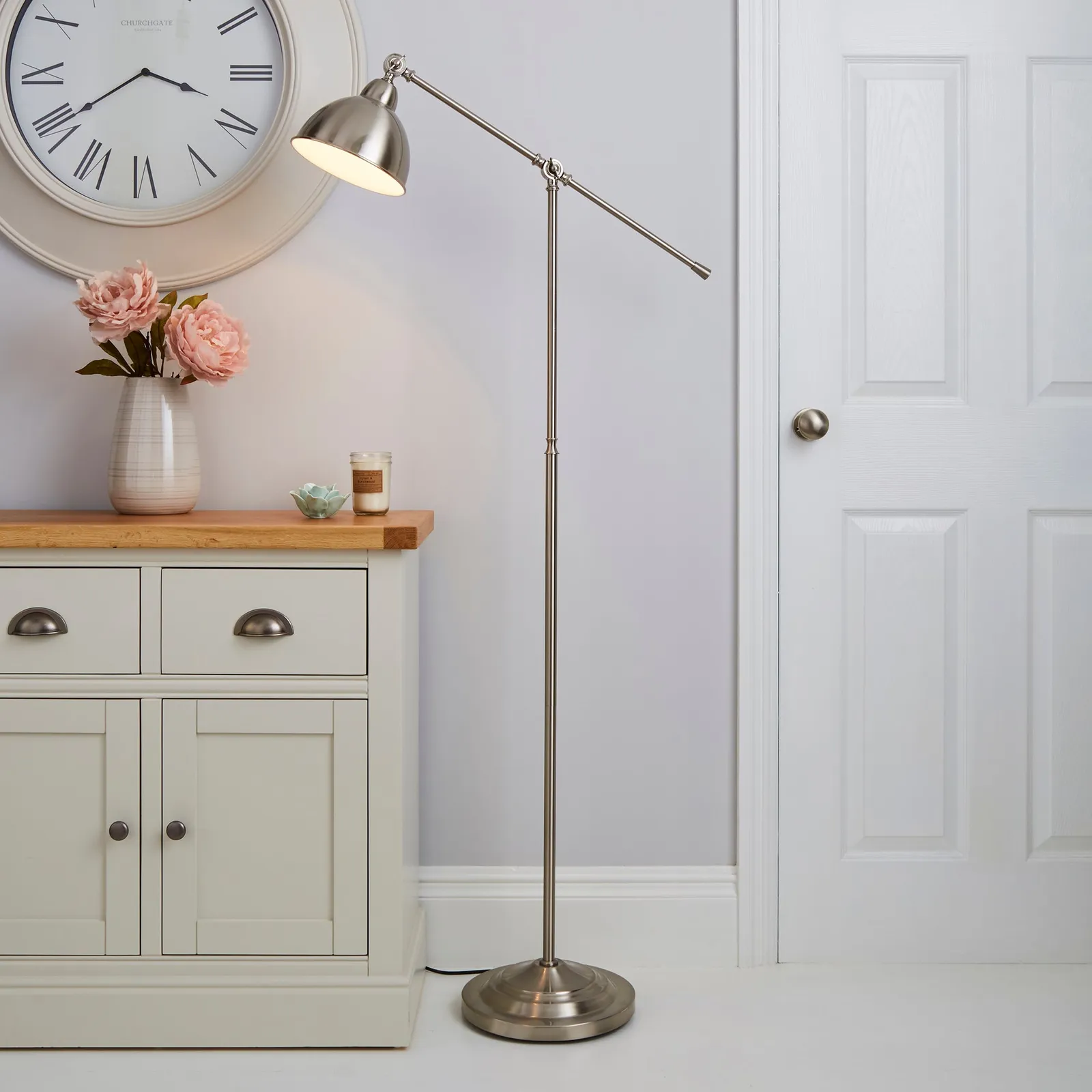 Lever Arm Satin Nickel Floor Lamp Silver