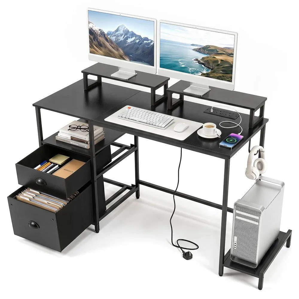 Costway Computer Desk with Power Outlets Office Desk with 2 Monitor Shelves in Black 6