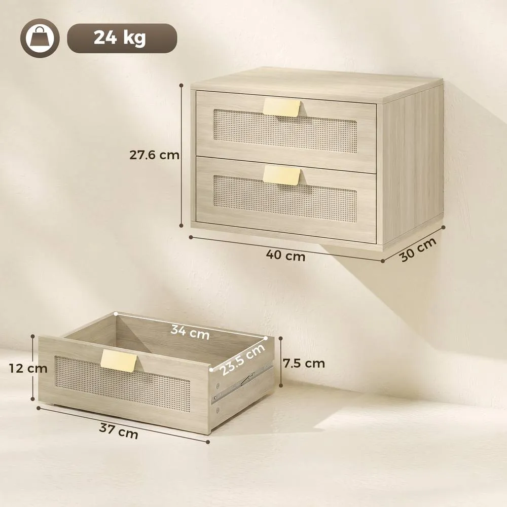HOMCOM Modern Floating Nightstands Set of 2, 2 Drawers Bedside Tables, Oak in Natural 3
