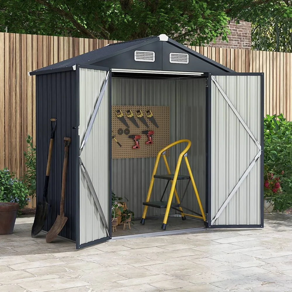 Costway Outdoor Storage Shed Galvanized Metal Tool House w/ Lockable Doors in Dark Grey 4