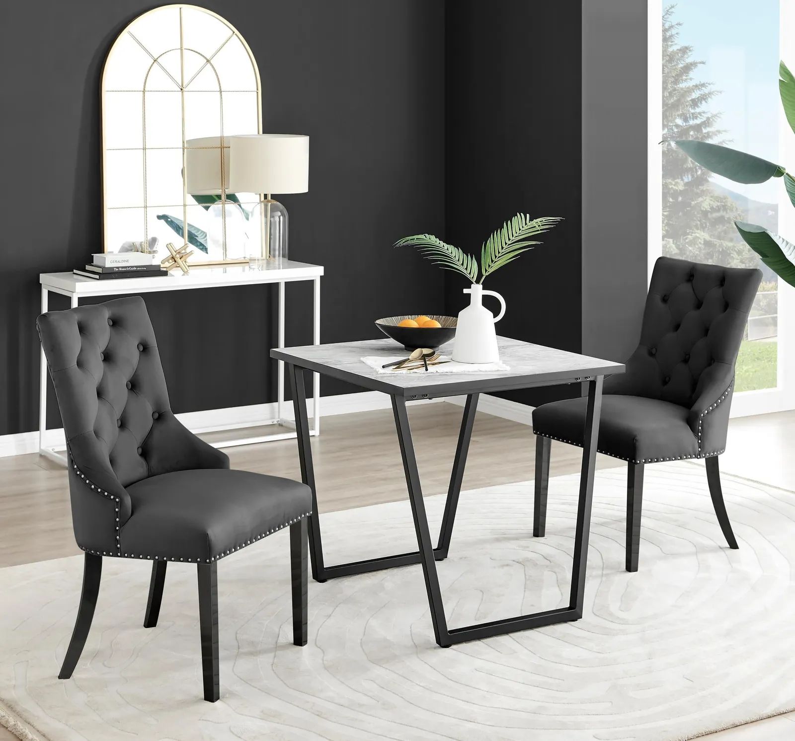 FurnitureboxUK Carson White Marble Effect Square Dining Table & 2 Velvet Belgravia Black Leg Chairs