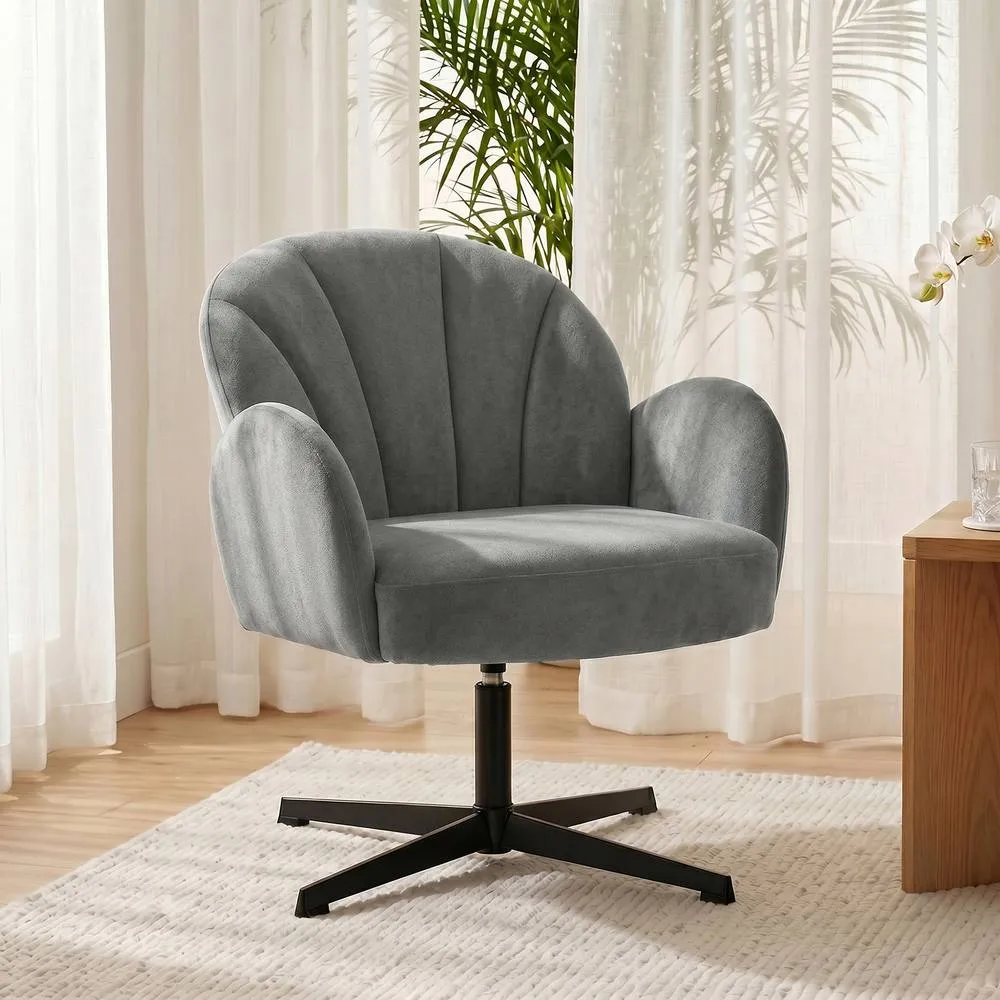 HOMCOM Modern Accent Chair, Shell Swivel Armchair, Velvet-Feel Fabric in Grey