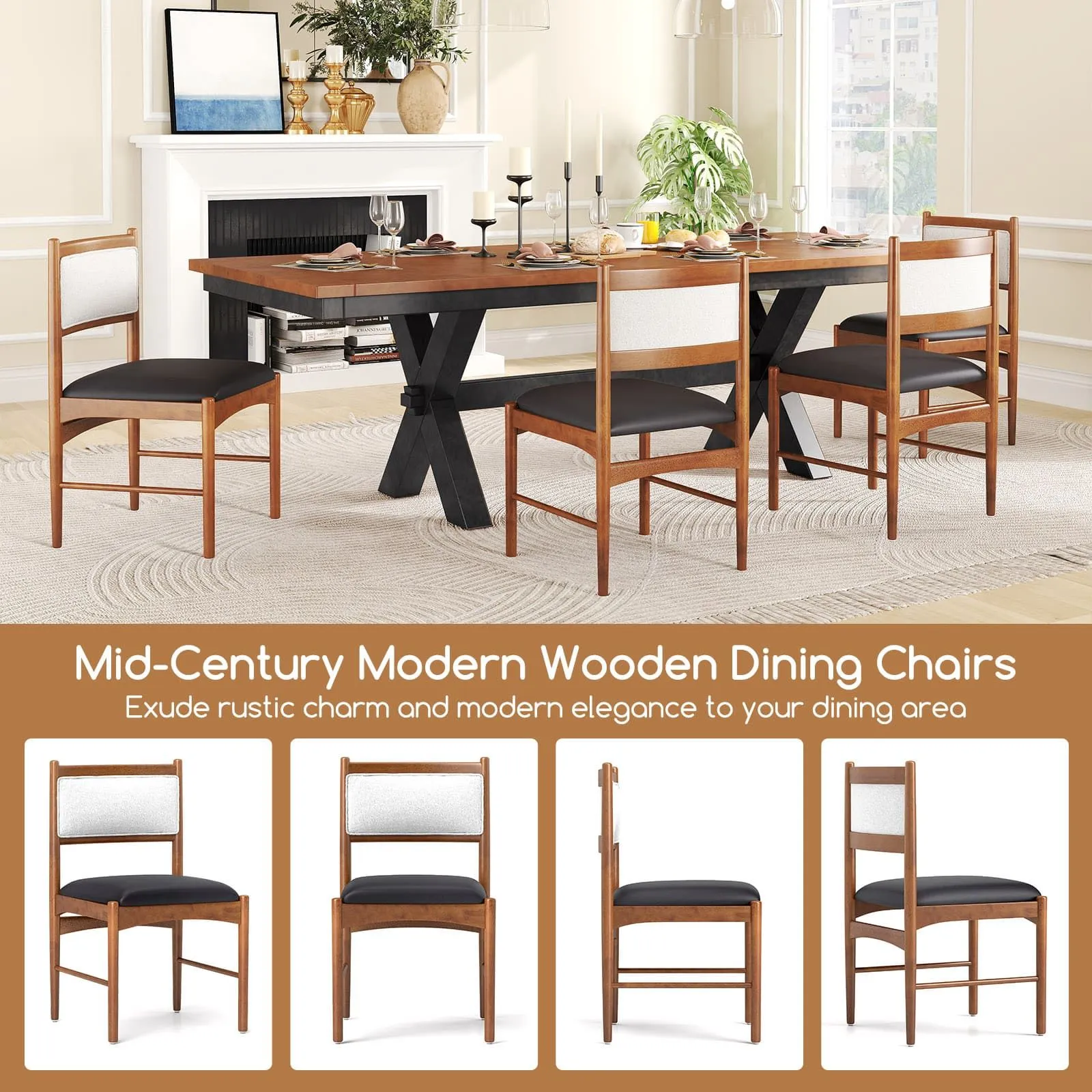 Costway Wooden Dining Chair Set of 2 Upholstered Kitchen Chairs-Brown in Brown 3