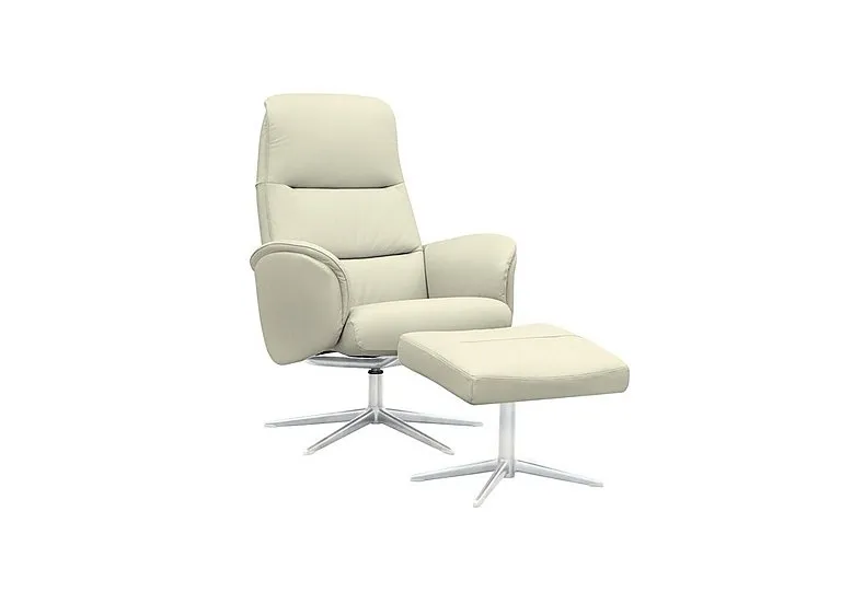 Falum Leather Swivel Recliner Chair and Footstool with Chrome Base - Cambridge Chalk