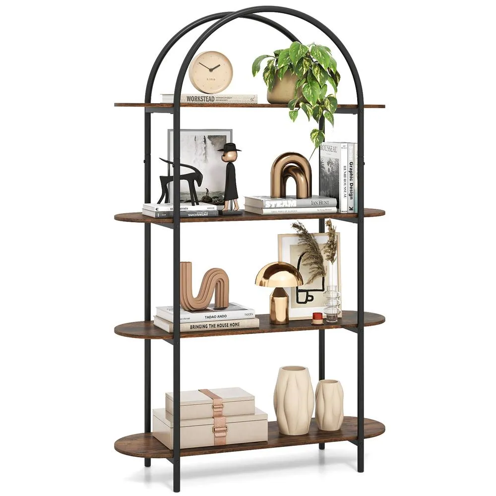 Costway 4-Tier Arched Bookshelf Industrial Bookcase Display Storage Organizer in Brown