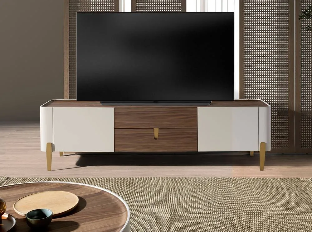 Angel Cerda TV Stand, Walnut Top, Beige Lacquer, Gold Steel Legs, 200 cm 3
