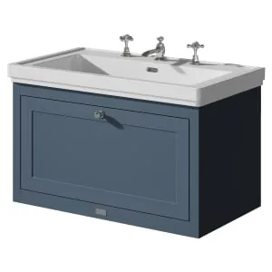 Bayswater Hartleigh Stiffkey Blue Traditional Wall Hung Vanity Unit & 3 Tap Hole Traditional Recessed Basin - 800mm 2