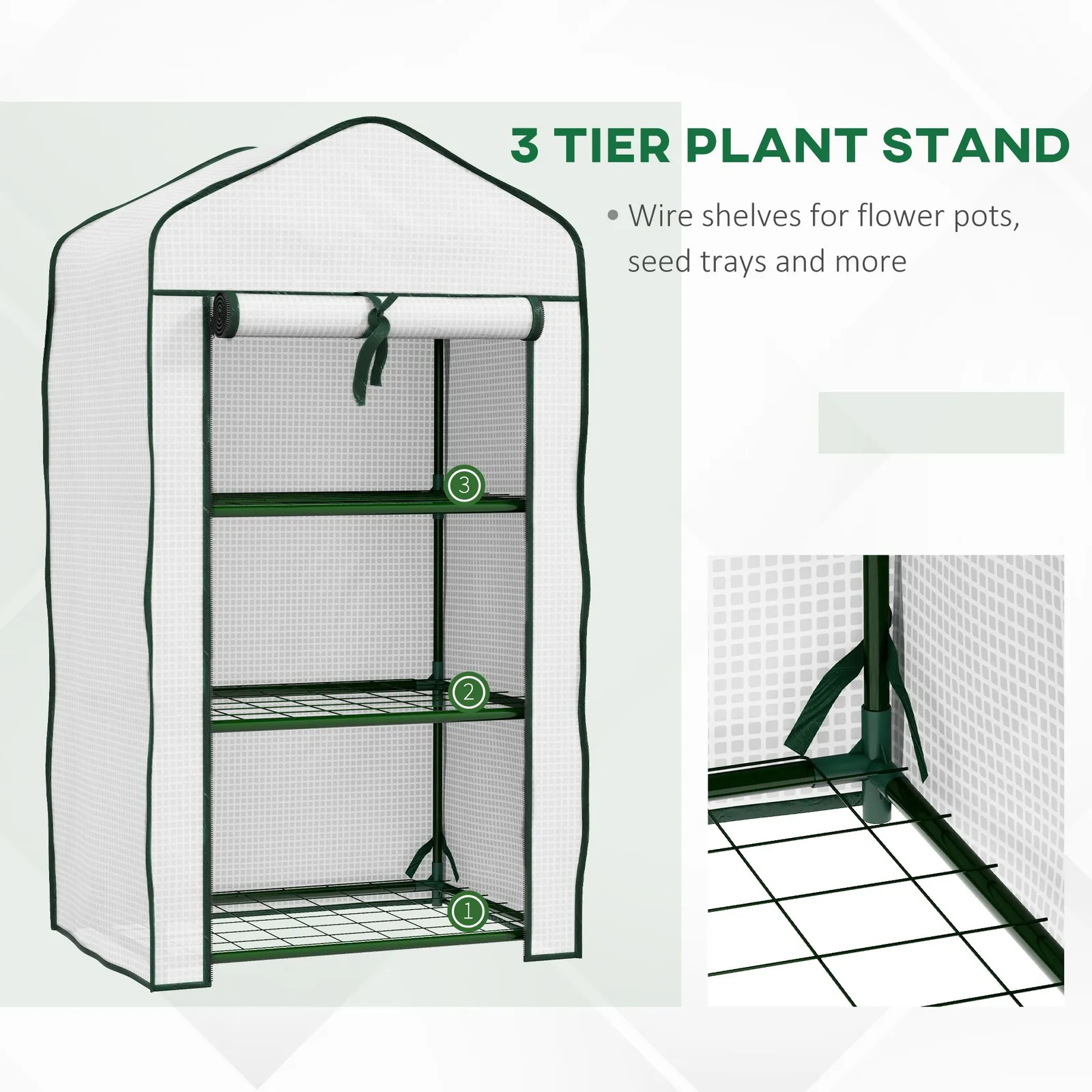 OUTSUNNY Portable Mini Greenhouse with Roll-up Door & Wire Shelves, White 6
