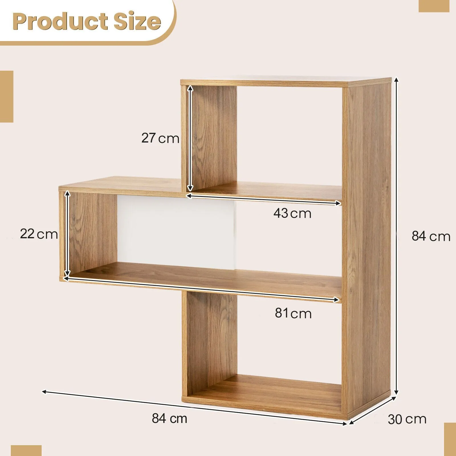 Costway Convex Bookshelf 3-Shelf Bookcase Modern Display Storage Shelf in Natural 2