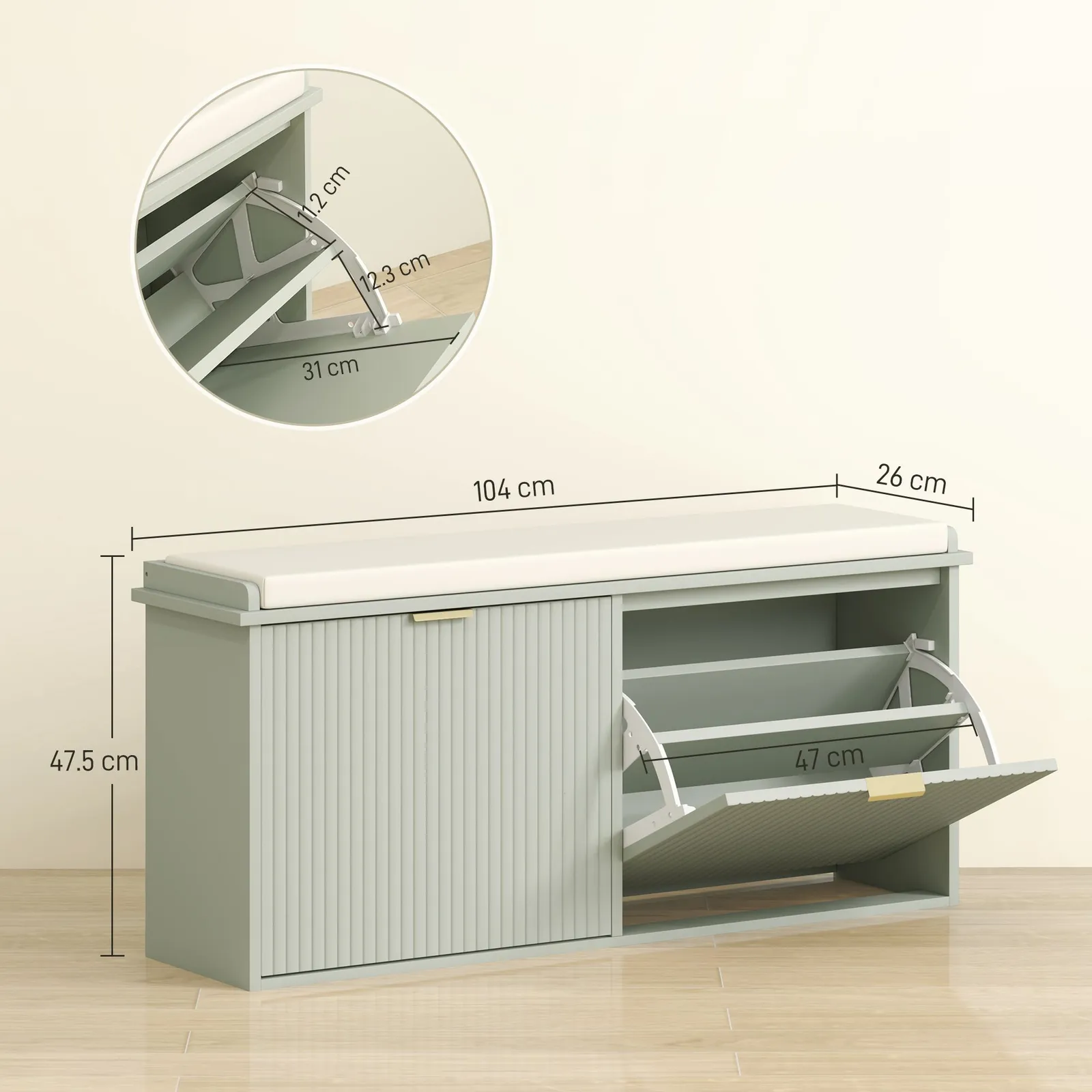 HOMCOM Shoe Storage Bench with Cushion & Flip-Drawer 104x26x47.5cm in Green 3