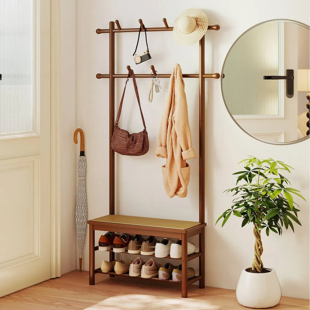 Costway Bamboo Coat Rack PE Rattan Hall Tree with Bench & Shoe Storage-Brown in Brown