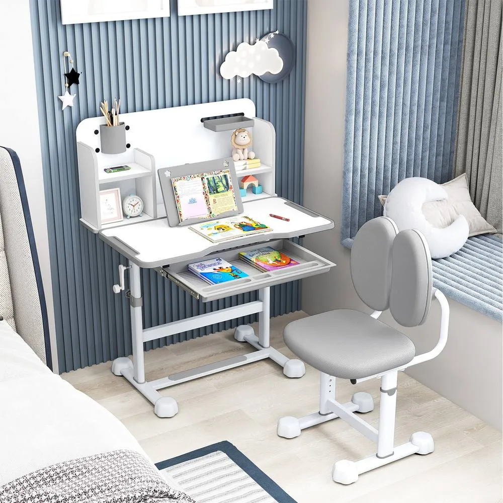 Costway Kid's Study Desk & Chair Set Adjustable Desk-Grey in Grey