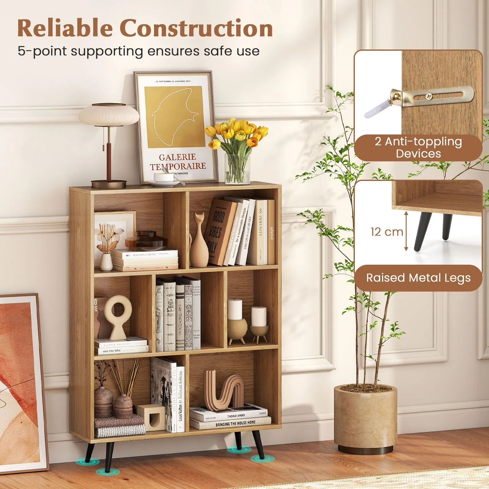 Costway 7-Cube Bookcase Mid Century Modern Storage Organizer in Natural 5