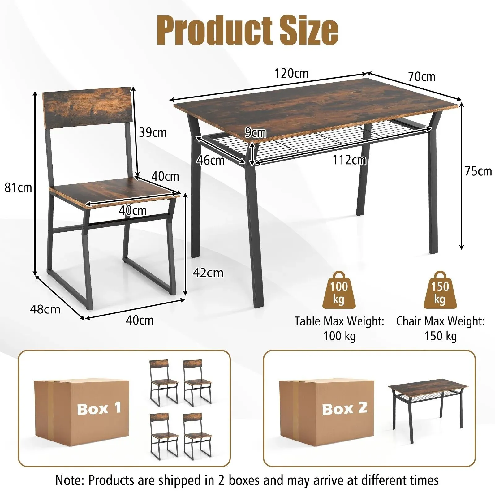 Costway 5PCS Dining Table Set Industrial Rectangular Kitchen Table W/4 Chairs in Brown 2
