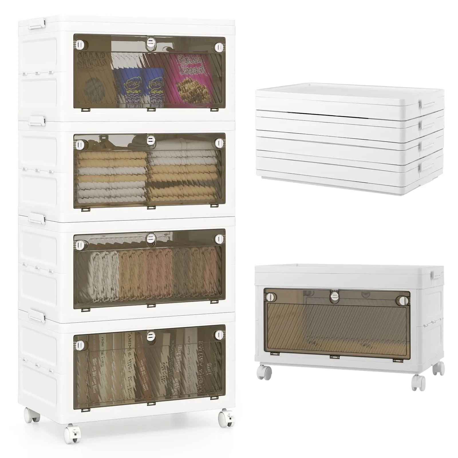 Costway 4-Tier Stackable Storage Bins Bedroom Collapsible Storage Boxes in White
