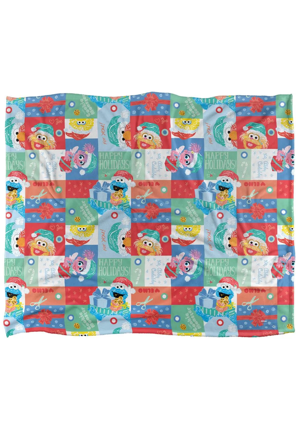Sesame Street Happy Holiday Squares Pattern Silky Touch Super Soft Throw Blanket 152 X 127 cm in White