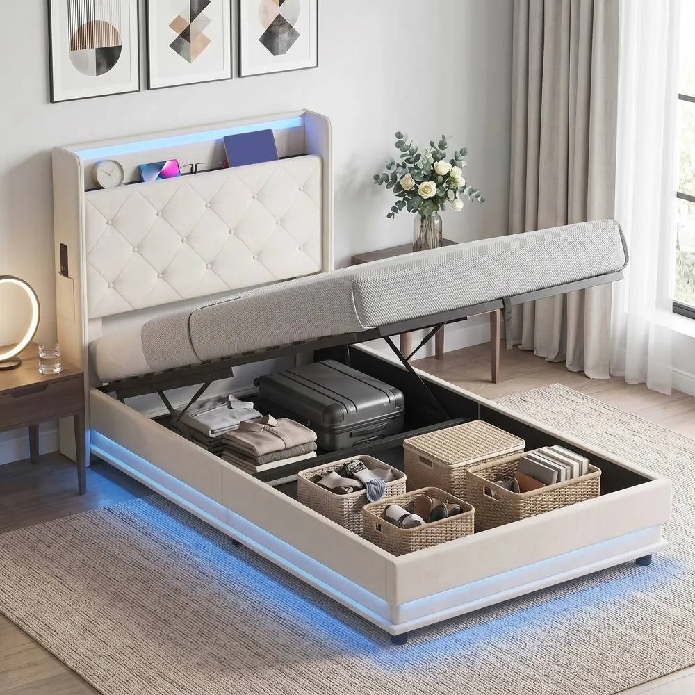 HOMCOM Lift up Storage Bed Frame with RGB LED Lights 90 x 190cm Cream White 2