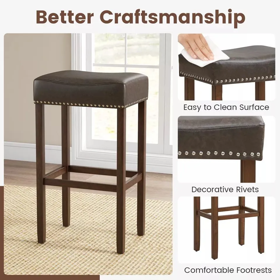 Costway Set of 2 Bar Stools Upholstered Counter Height Saddle Stools PU Leather 74cm in Brown 6