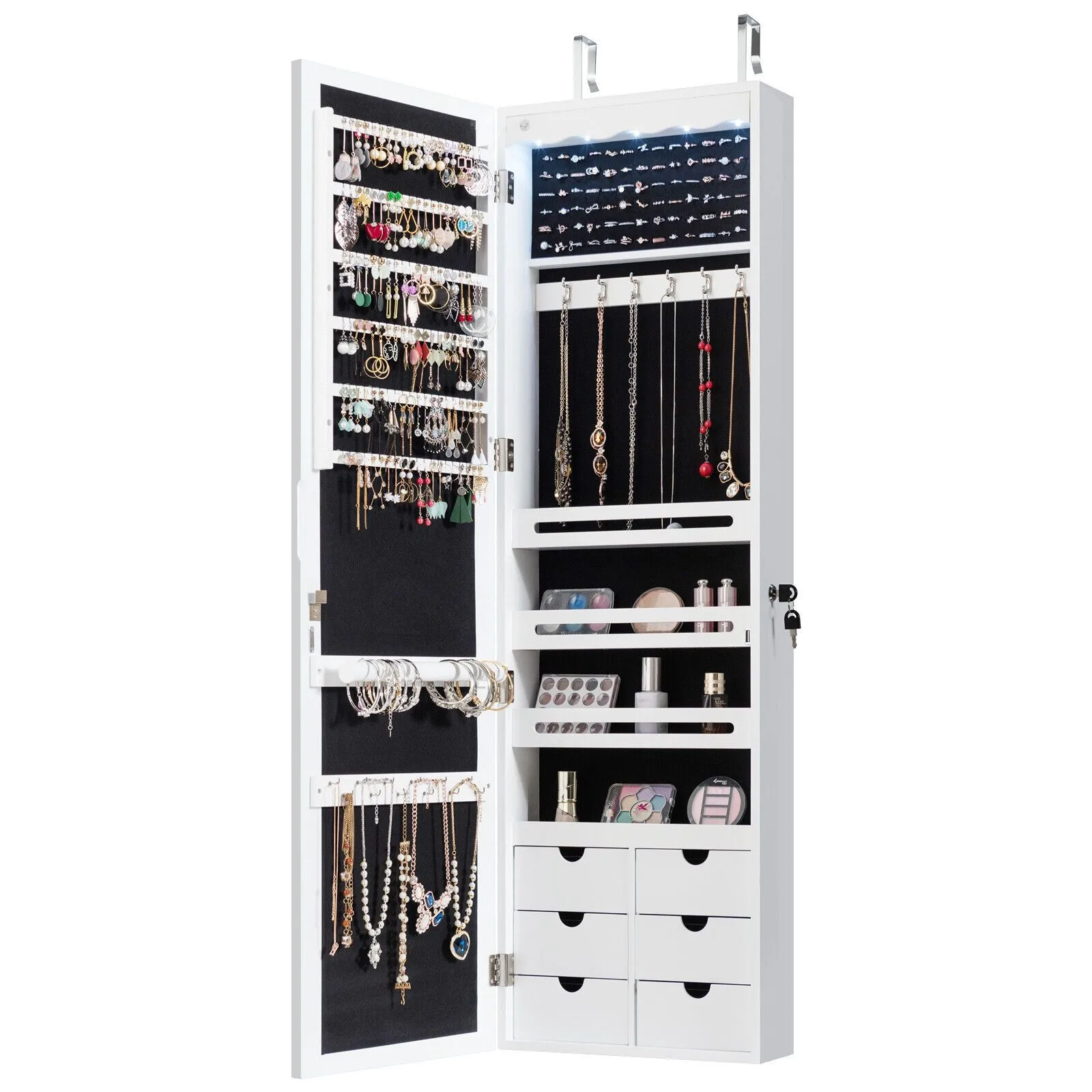 Costway Jewelry Cabinet 5 LED Lights Wall/Door Mounted Jewelry Armoire w/ Mirror in White