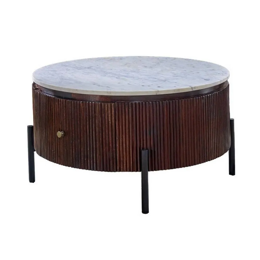 Indian Hub Opal Round Fluted Coffee Table with Marble Top & Metal Legs in Brown