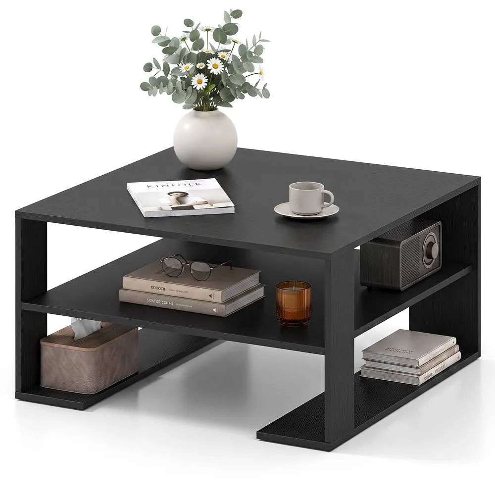 Costway Square Coffee Table Modern Compact Center Table with Open Shelf in Black 1