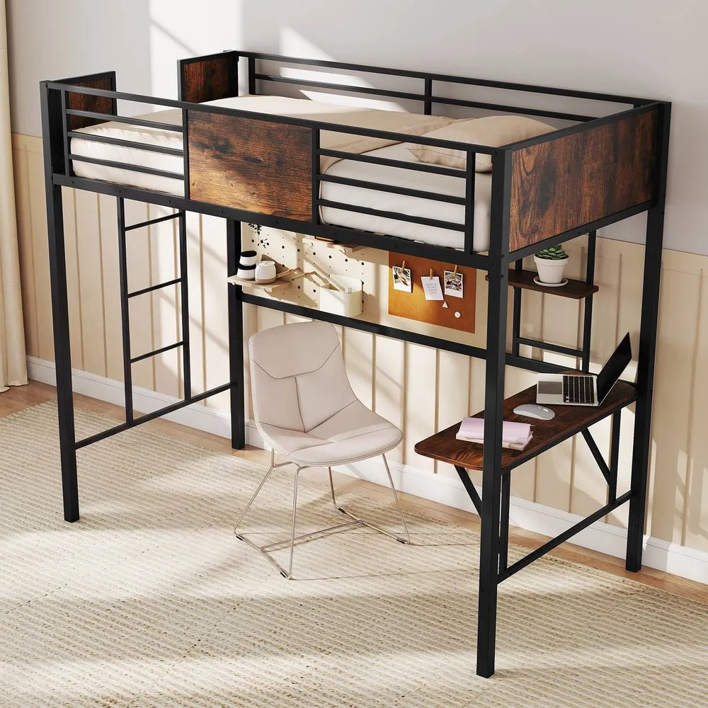 Costway Loft Bed Single Size w/ Desk & Shelf Metal Bedframe w/Safety Guardrail in Brown 5