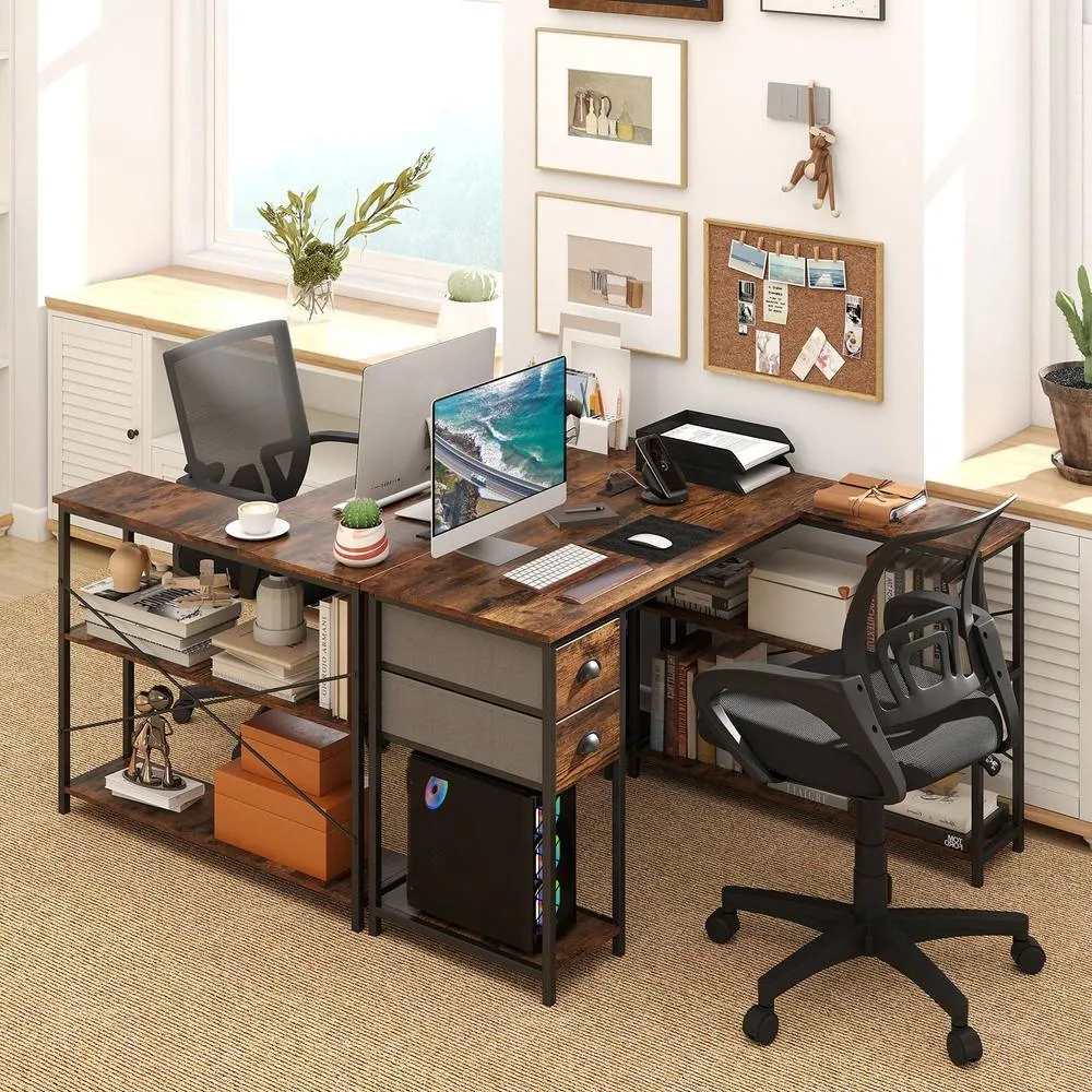 Costway L-Shaped Desk w/ Charging Station Desk w/ 2 Fabric Drawers in Brown 5