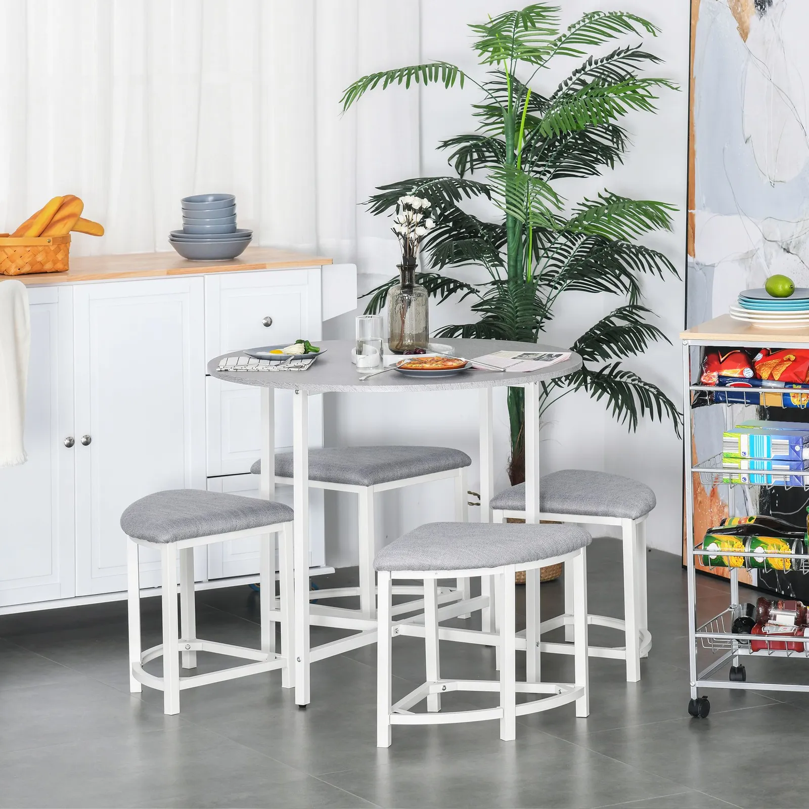 HOMCOM Modern Round Dining Table Set with 4 Upholstered Stools for Dining Room in Grey