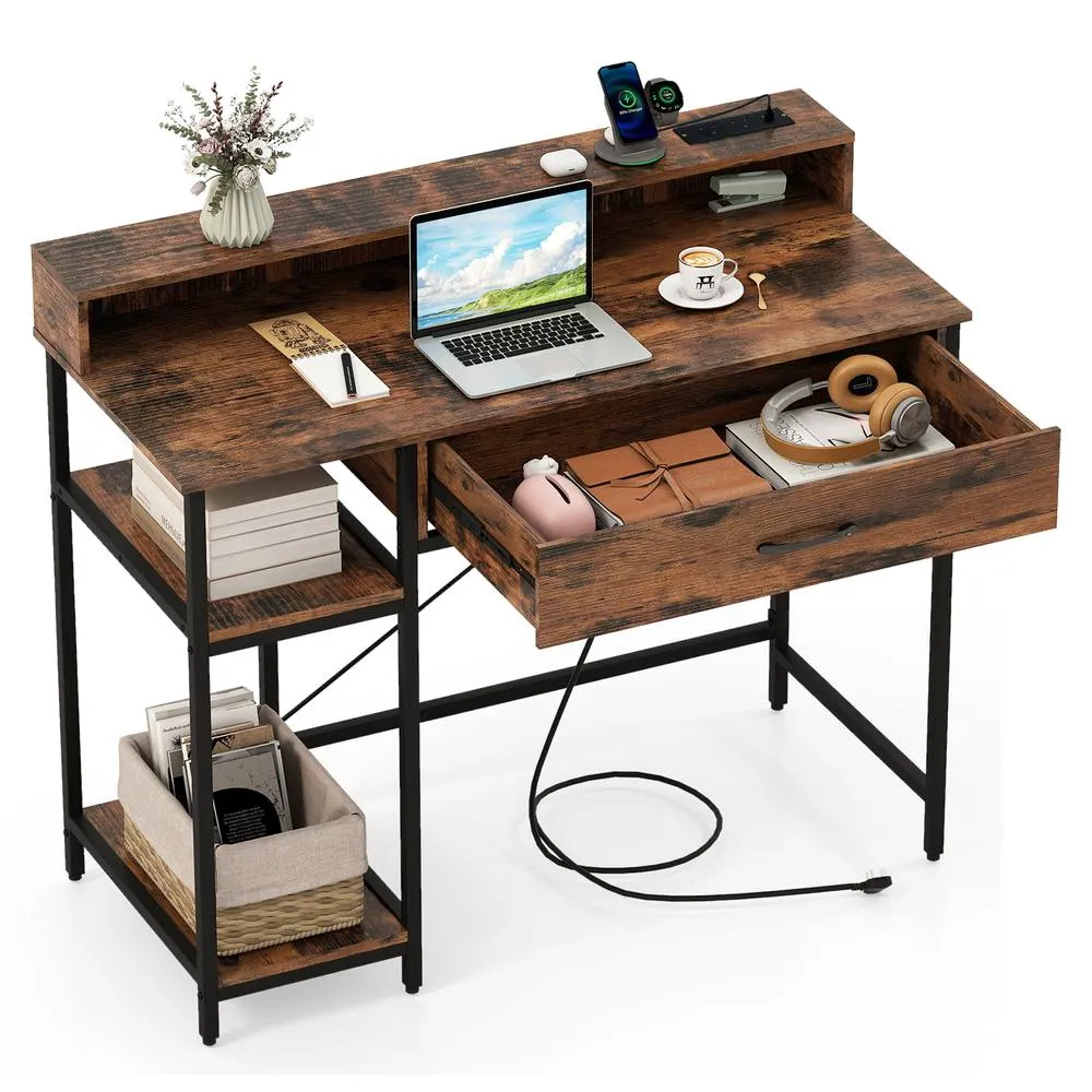 Costway Wooden Computer Desk Home Office PC Workstation Study Desk w/ Shelf in Brown 3