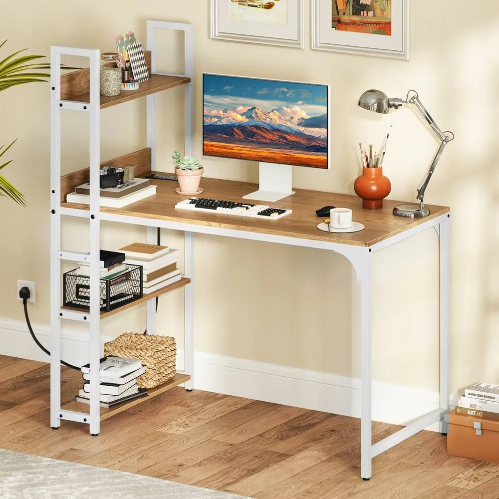 Costway Computer Desk 120 CM Study Writing Desk with Power Strip-Natural in Natural