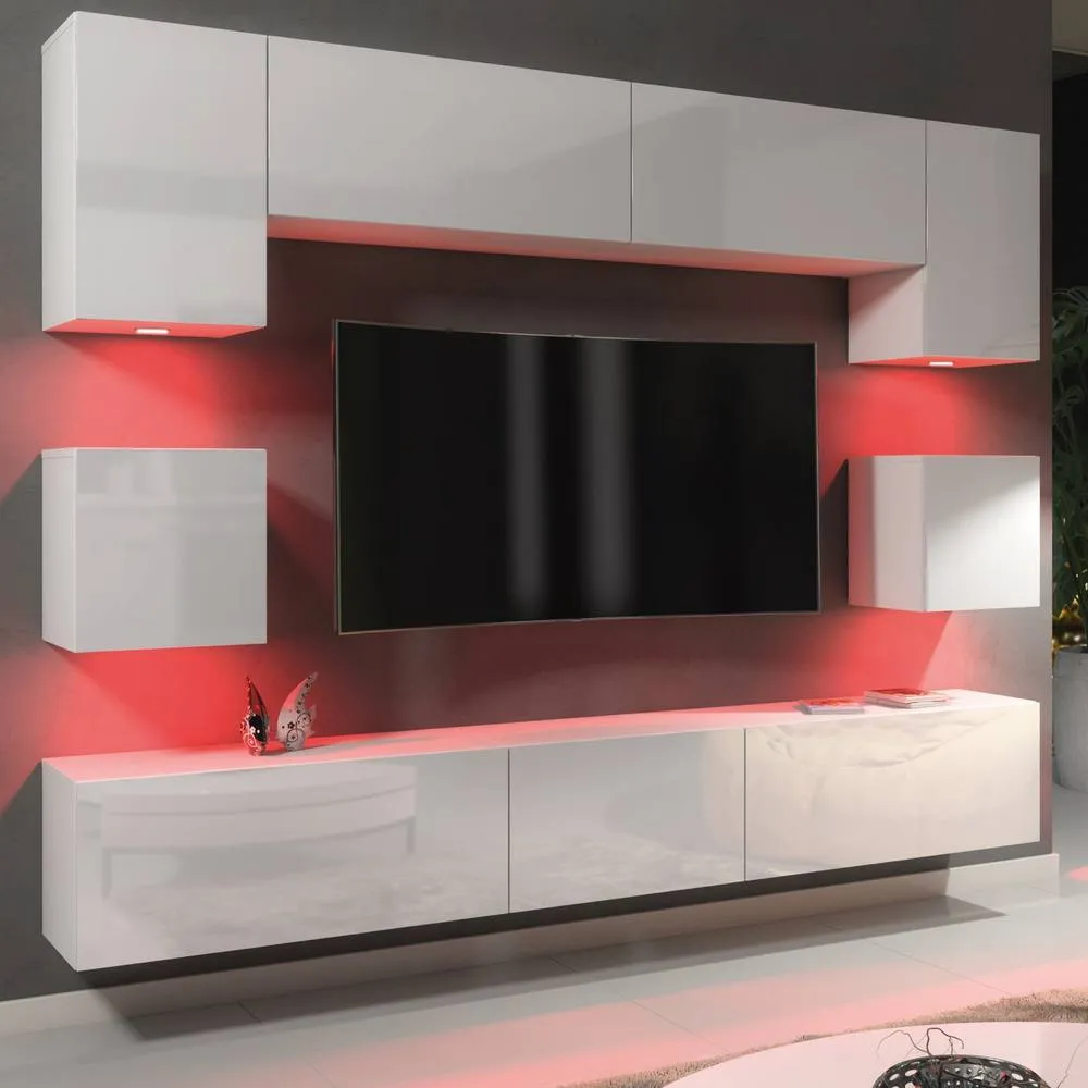 Creative Furniture Panorama Wall TV Unit - White with Gloss Doors + LED Lights 5