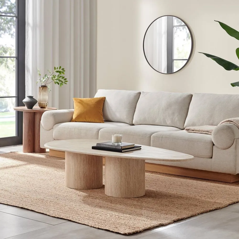 FurnitureboxUK Sutton Beige Travertine Stone Veneer Oval Coffee Table