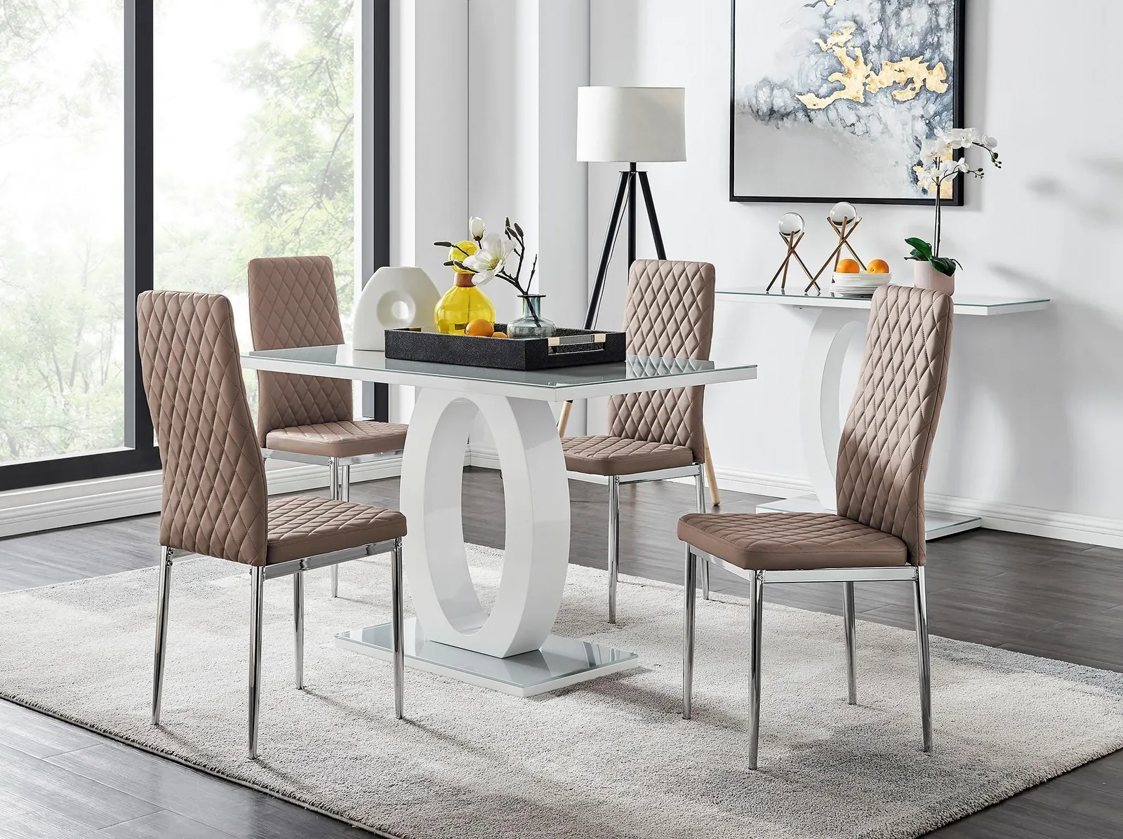 FurnitureboxUK Giovani Grey White Modern High Gloss & Glass Dining Table & 4 Milan Chairs Set in Beige 1