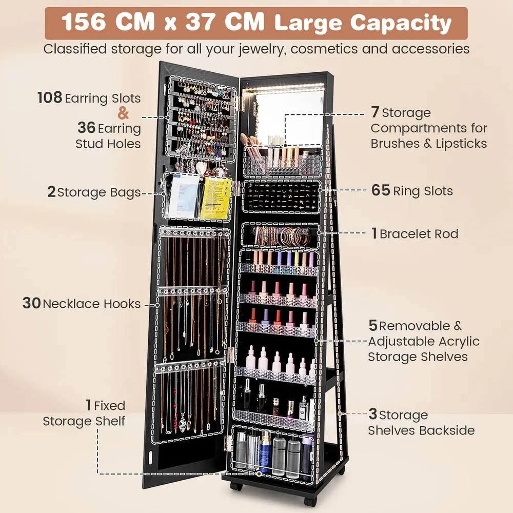 Costway 3-in-1 Jewelry Cabinet 360° Swivel Mirror Jewelry Armoire in Black 6