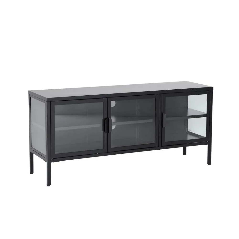 sweeek Industrial metal & tempered glass TV stand with 3 doors 120cm in Black 2