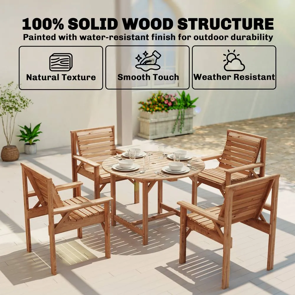 OUTSUNNY Garden Dining Set, Round Table & Chairs w/ Parasol Hole in Natural 4