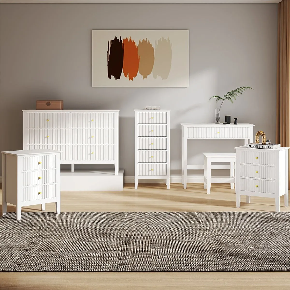 Melody Maison 6 Drawer Chest Of Drawers, Tall 5 Drawer Bedside Table, Pair Of 3 Drawer Bedside Tables & Dressing Table Set - Hales White Range