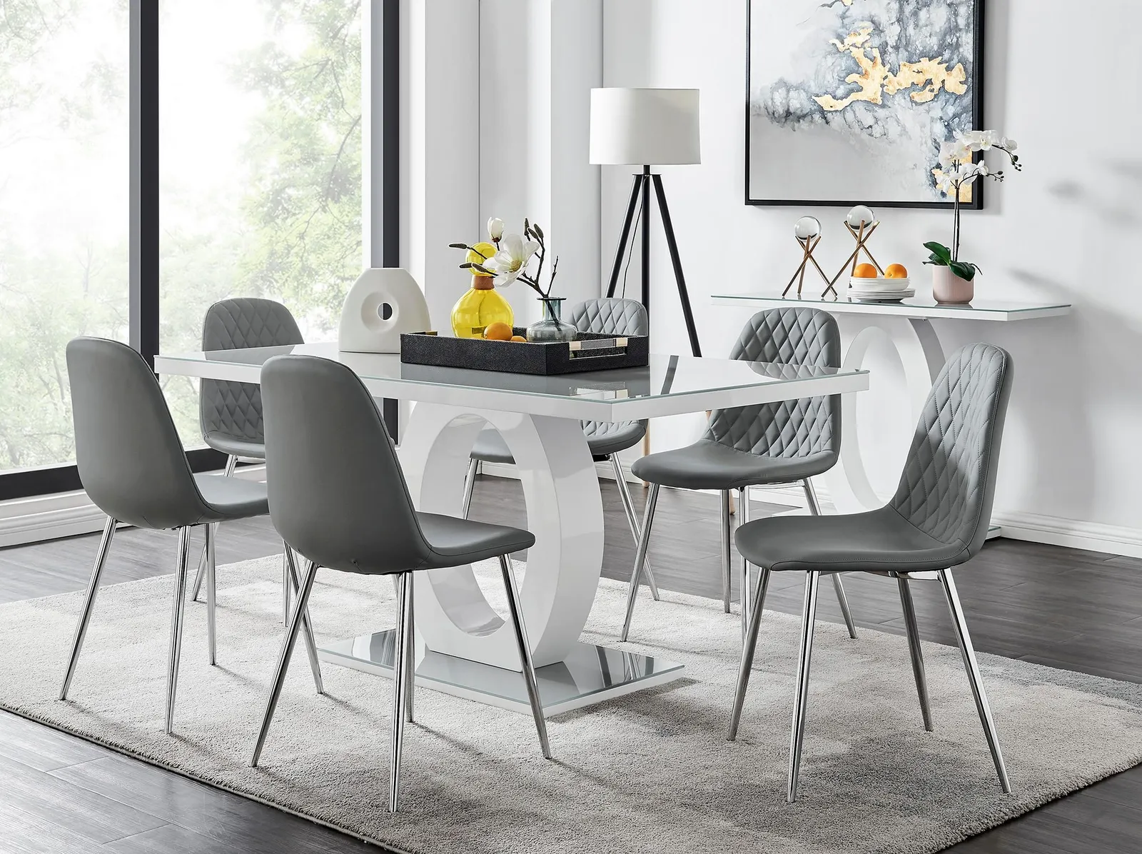 FurnitureboxUK Giovani 6-Seater Grey Glass Dining Table & 6 Corona Faux Leather Dining Chairs 1