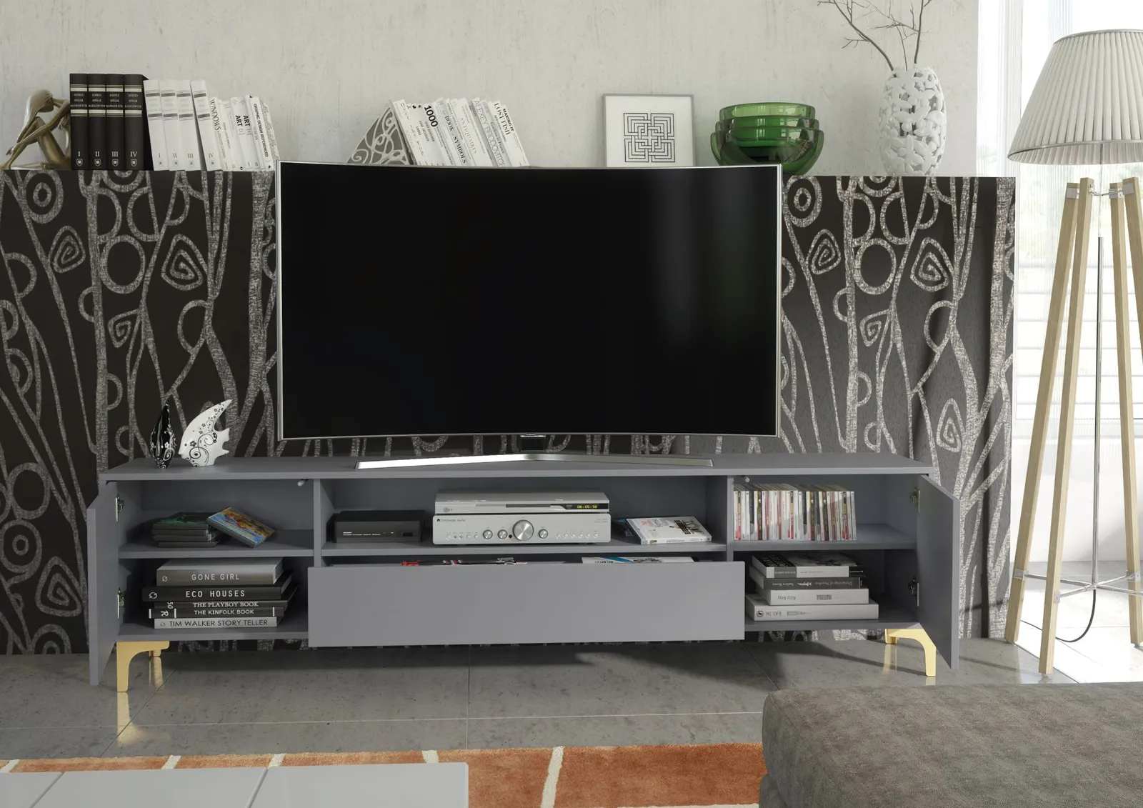 Creative Furniture Tide Crest TV Unit Gold 200cm - Modern Fluted Design in Grey or White in Dark Grey 5