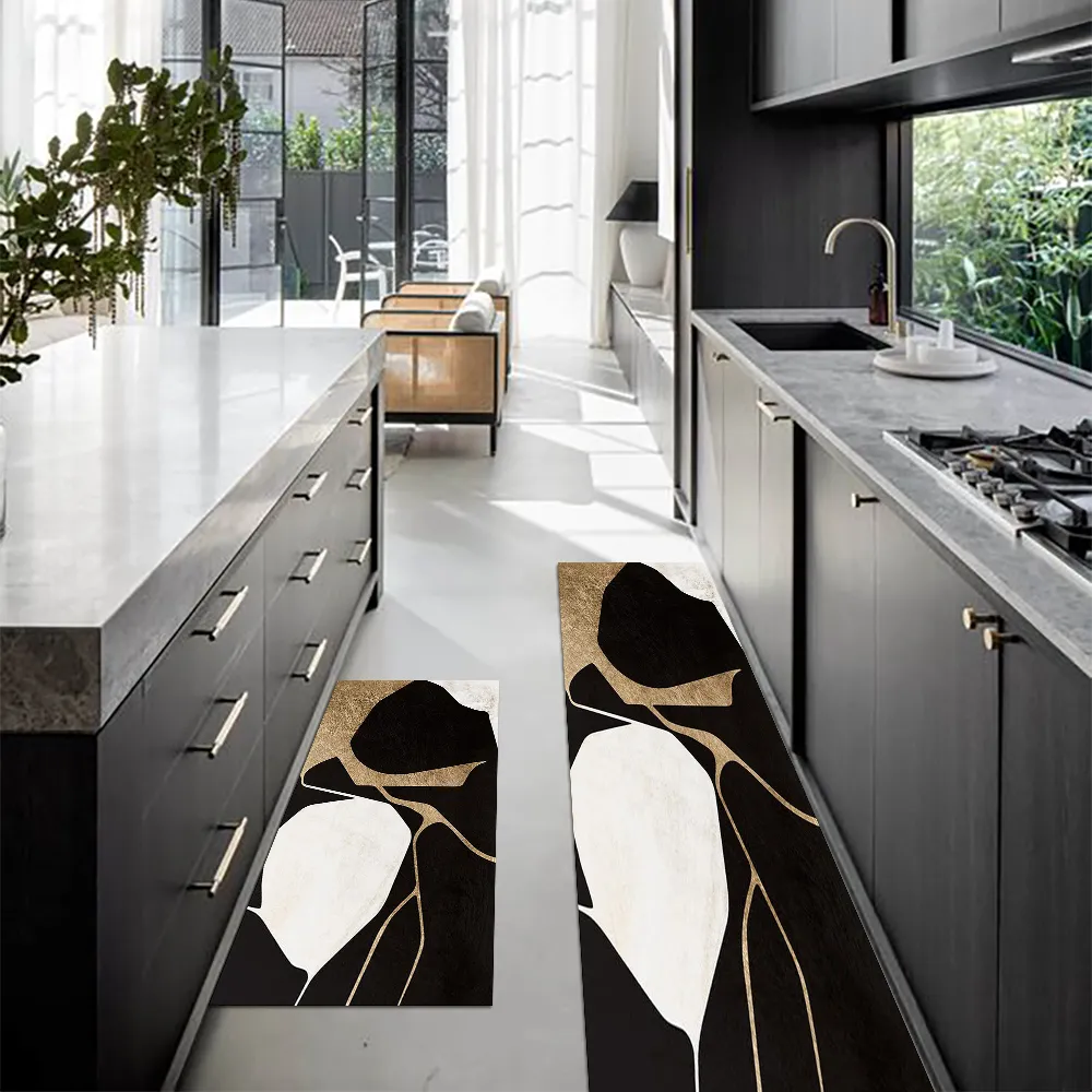2PCS Abstract Gold&Black Diatom Mud Running Mat Non-slip Absorbent Kitchen Rug Set