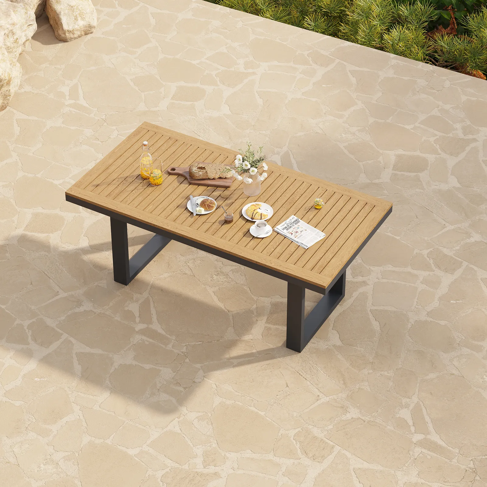 Tevara 6-Person Rectangle Teak & Aluminium Outdoor Patio Dining Table in Dark Grey