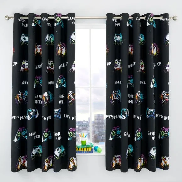 Catherine Lansfield Game Over Black Eyelet Curtains 2