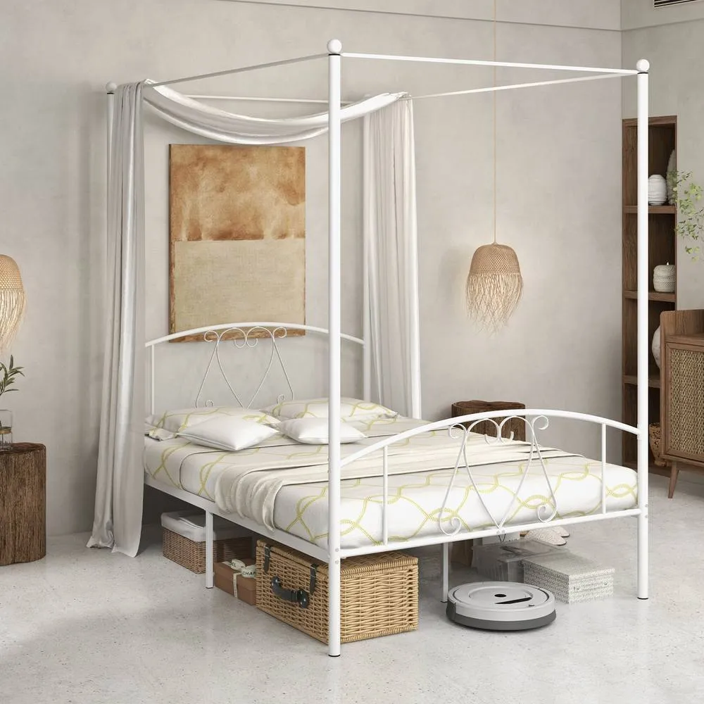 Costway Double Canopy Bed Frame Metal Platform Bed Base w/Headboard Footboard in White