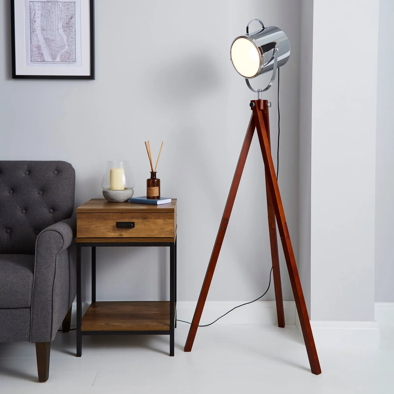 Carlton Camera Tripod Wood Floor Lamp Silver