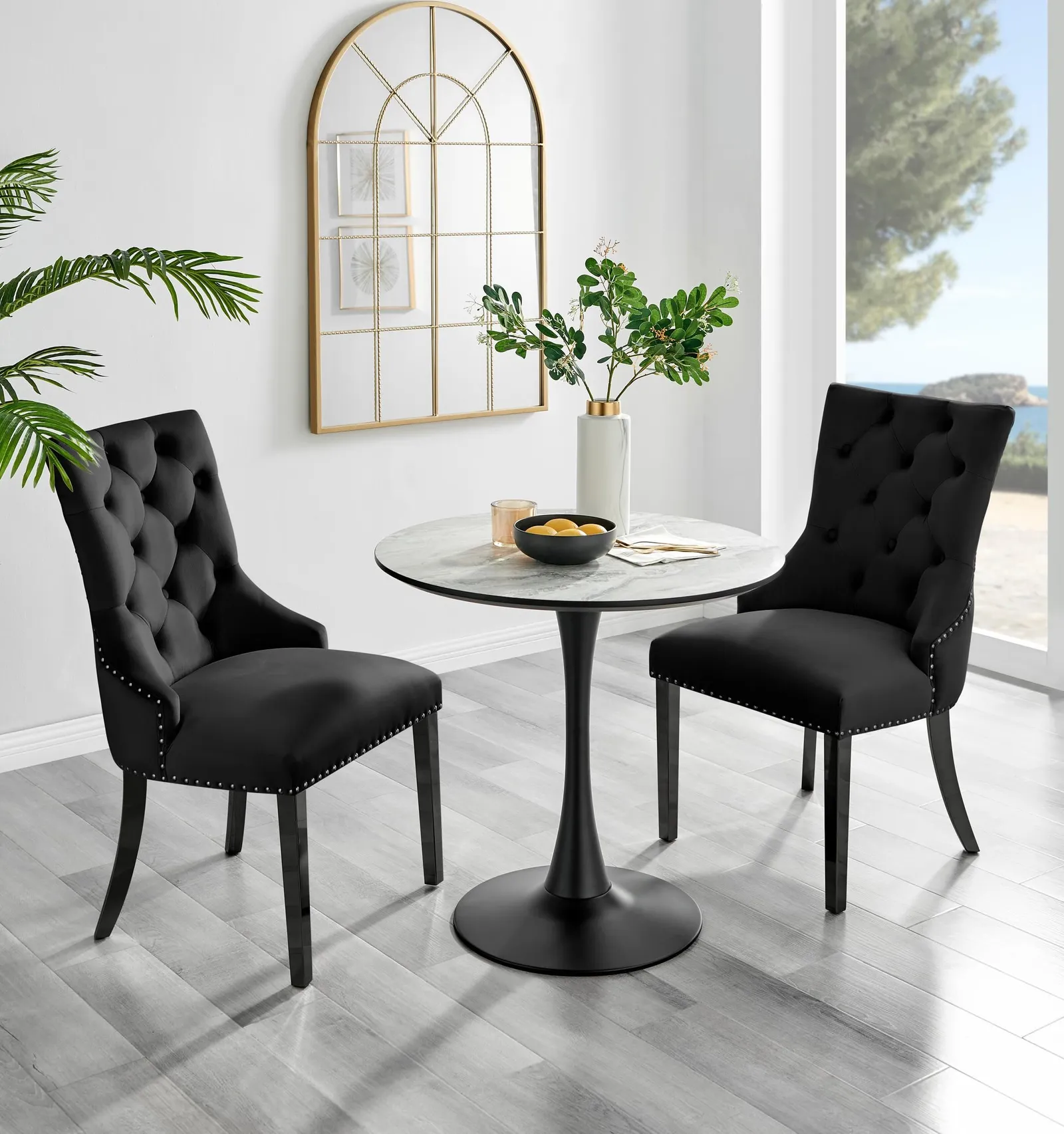 FurnitureboxUK Elina White Marble Effect Scratch Resistant Dining Table & 2 Belgravia Velvet Black Leg Chairs