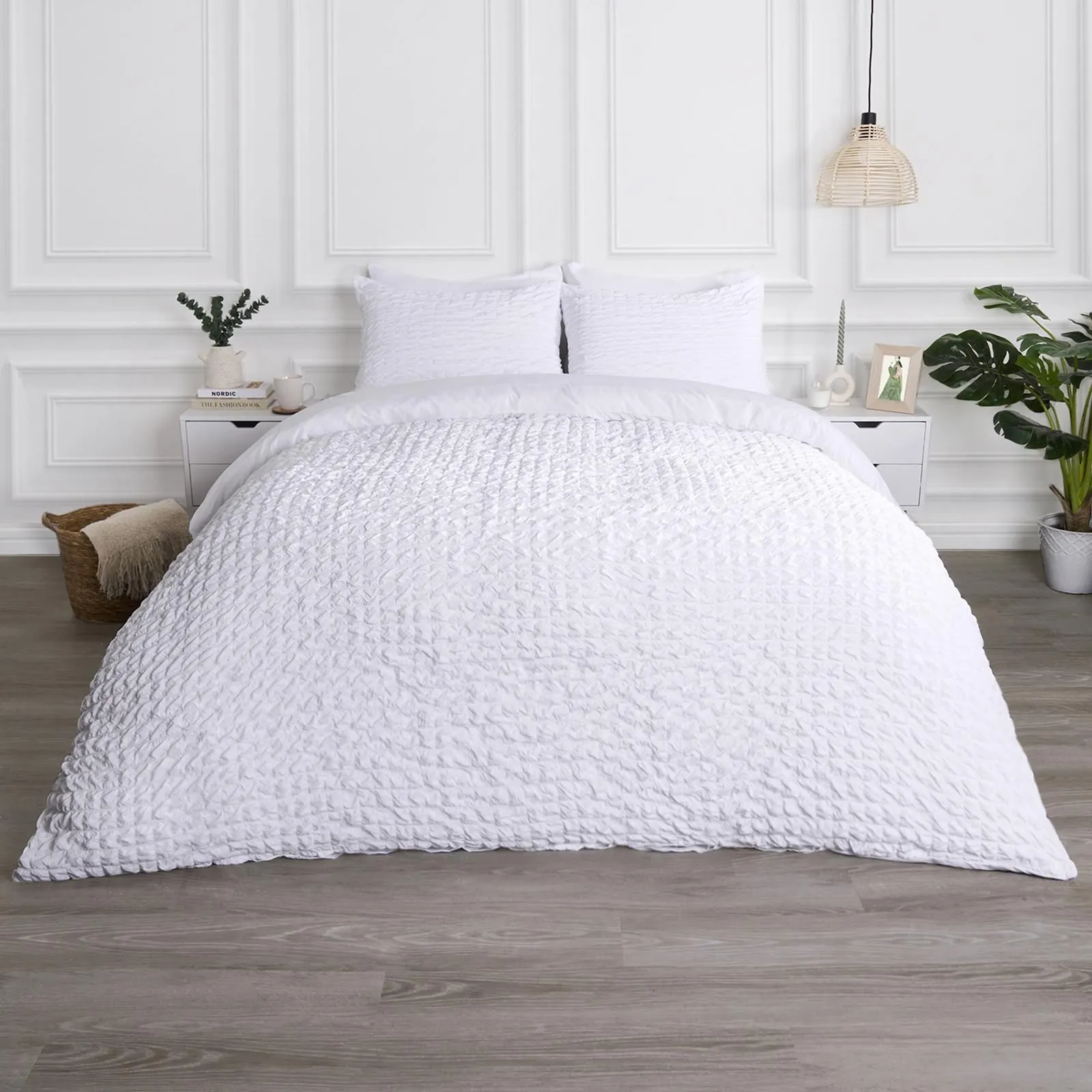 OHS Luxury Seersucker Duvet Cover Set Geo Pillowcase Quilt in White