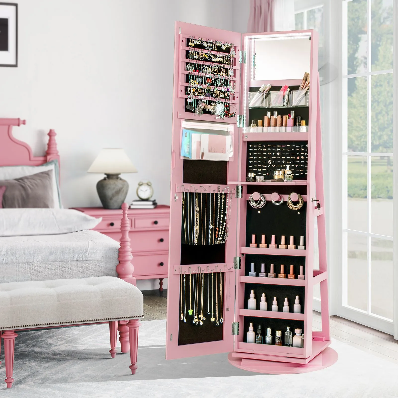 Costway 360° Rotating Jewelry Armoire Standing Jewelry & Makeup Cabinet in Pink