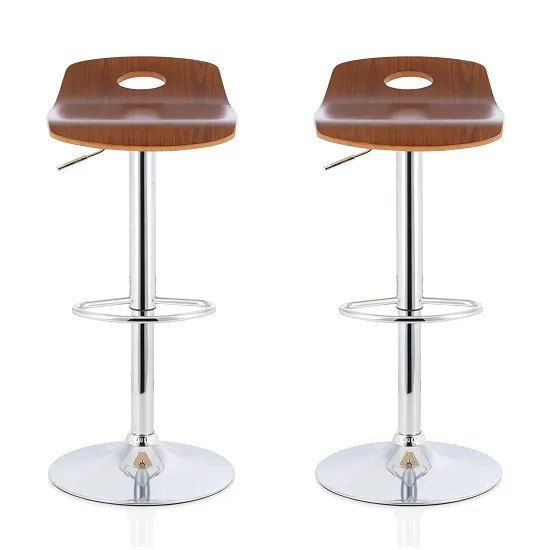 Andover Bar Stools In Walnut Veneer With Chrome Base In A Pair